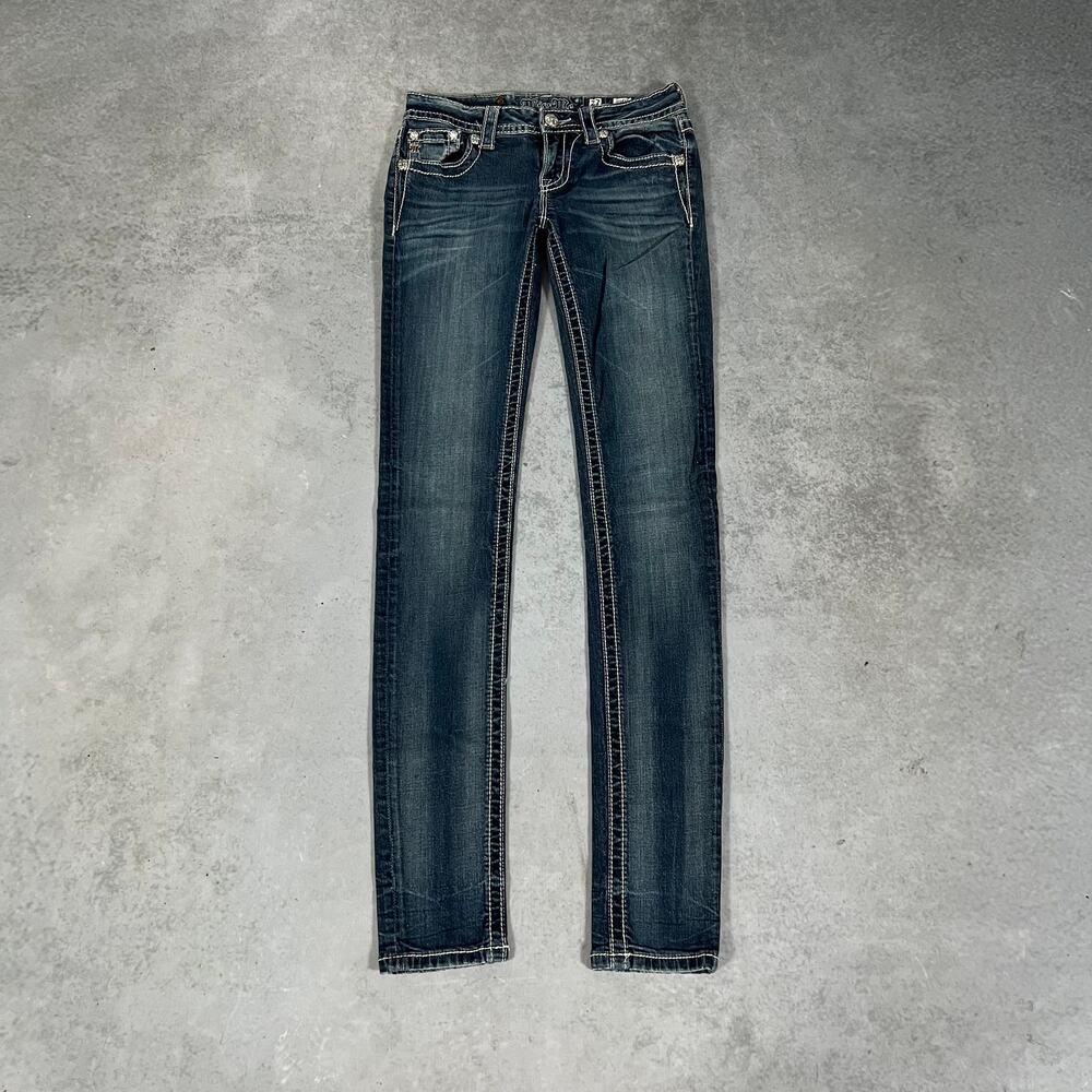 Miss Me Skinny Jeans Low Rise Whipstitch Dark Blue Womens - Size: 27
